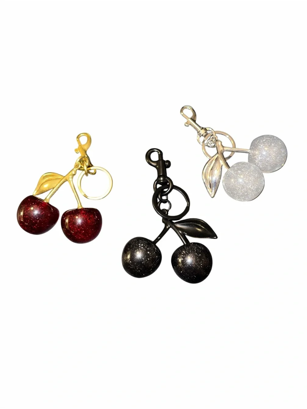 Cherry Keychain Trio Bag Charms- Red, Black, and Silver
